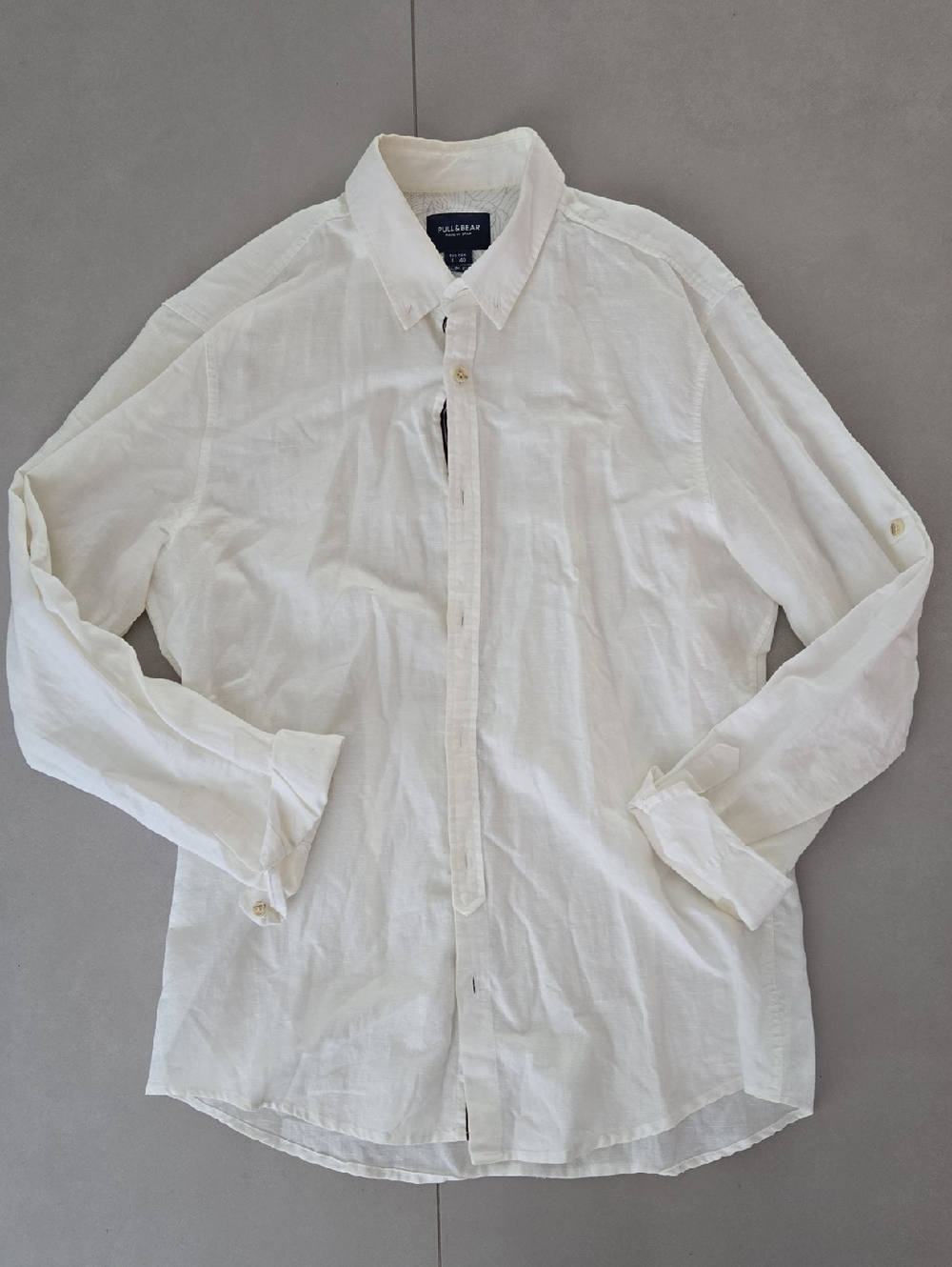 Pull&Bear Men's White Linen Button-Down Shirt Size L